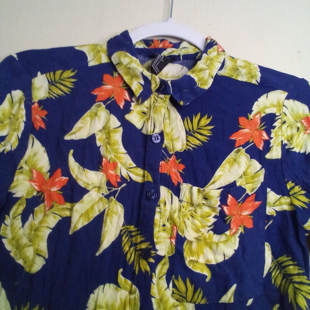 Forever 21 Shirt Women S Button Up Short Sleeve Tropical Hawaiian Blue Yellow - Picture 9 of 15